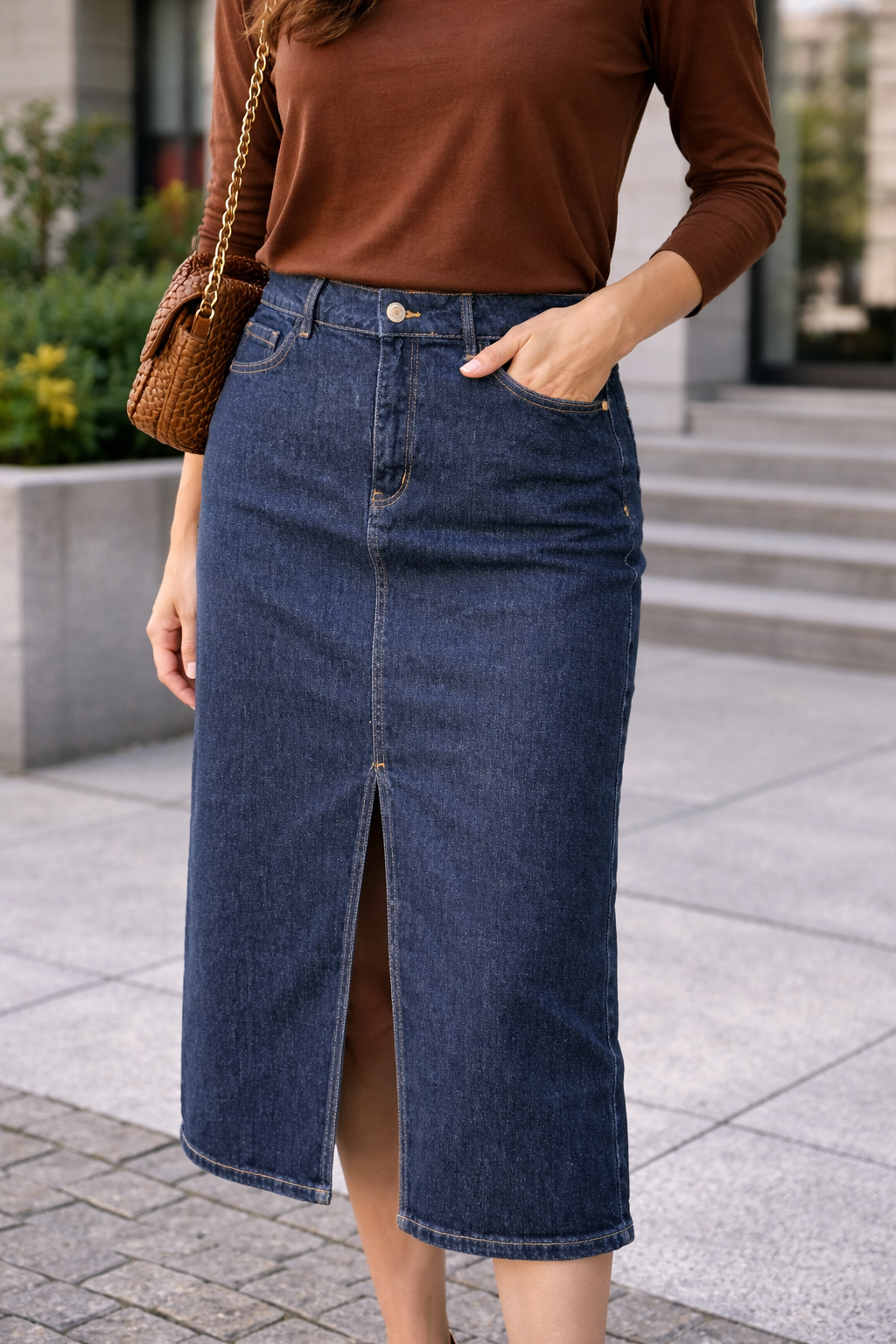 Jupe marine mi-longue en jean