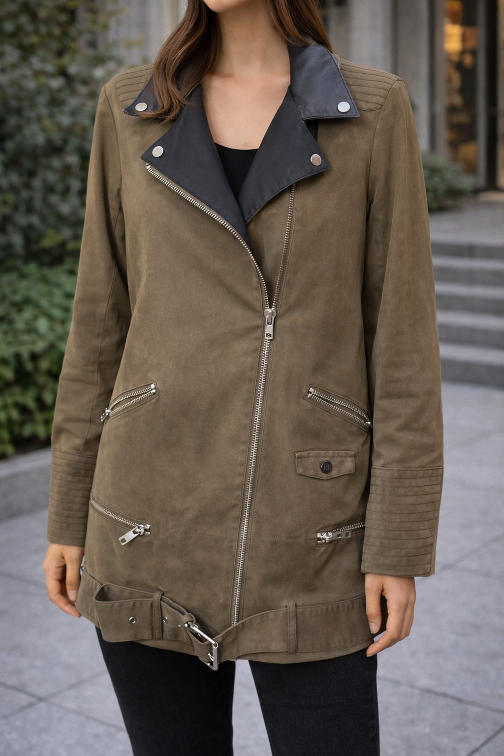 Manteau kaki col cuir noir