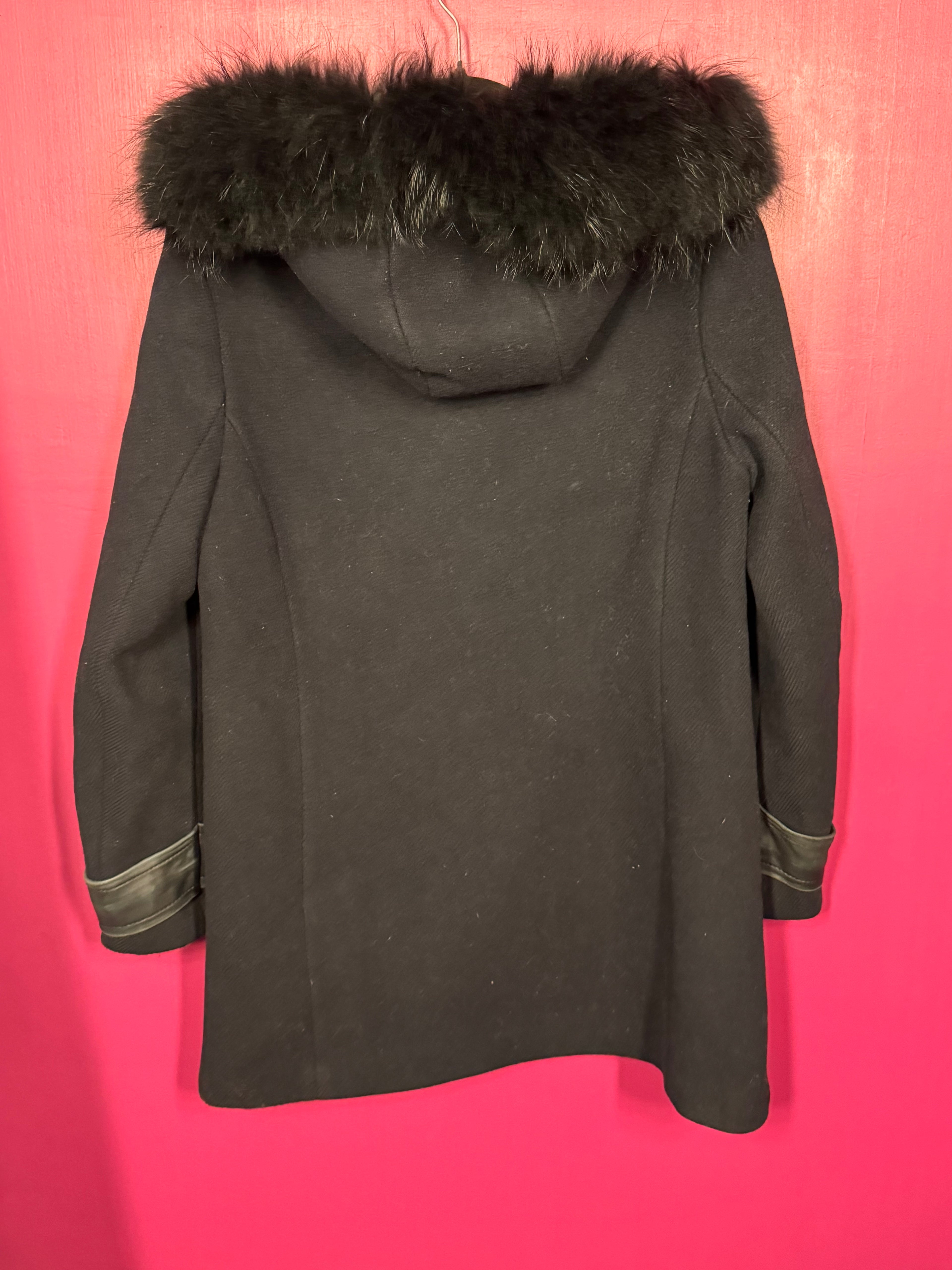 Manteau marine laine fourrure et cuir