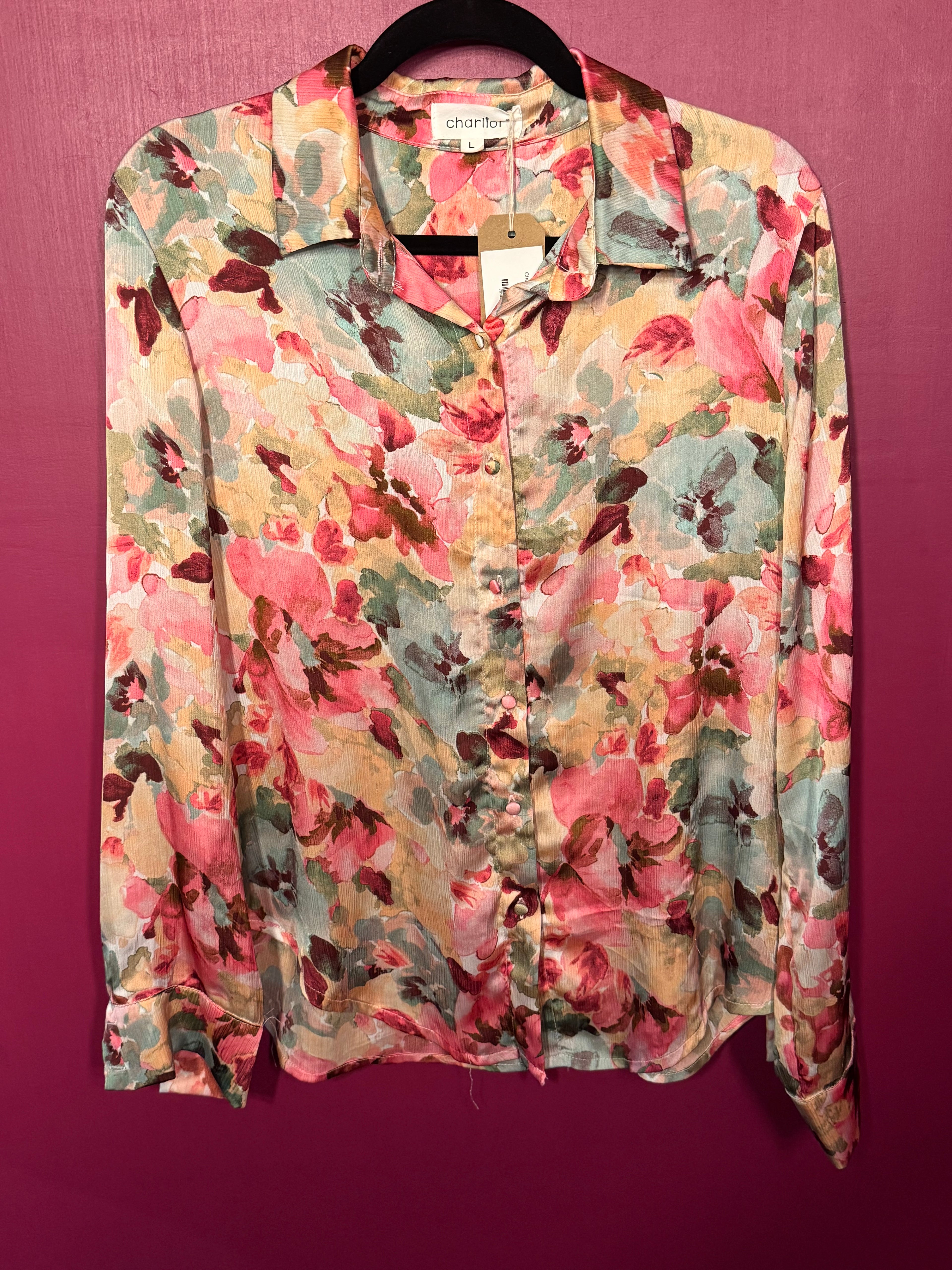 Chemise à fleurs vert / rose