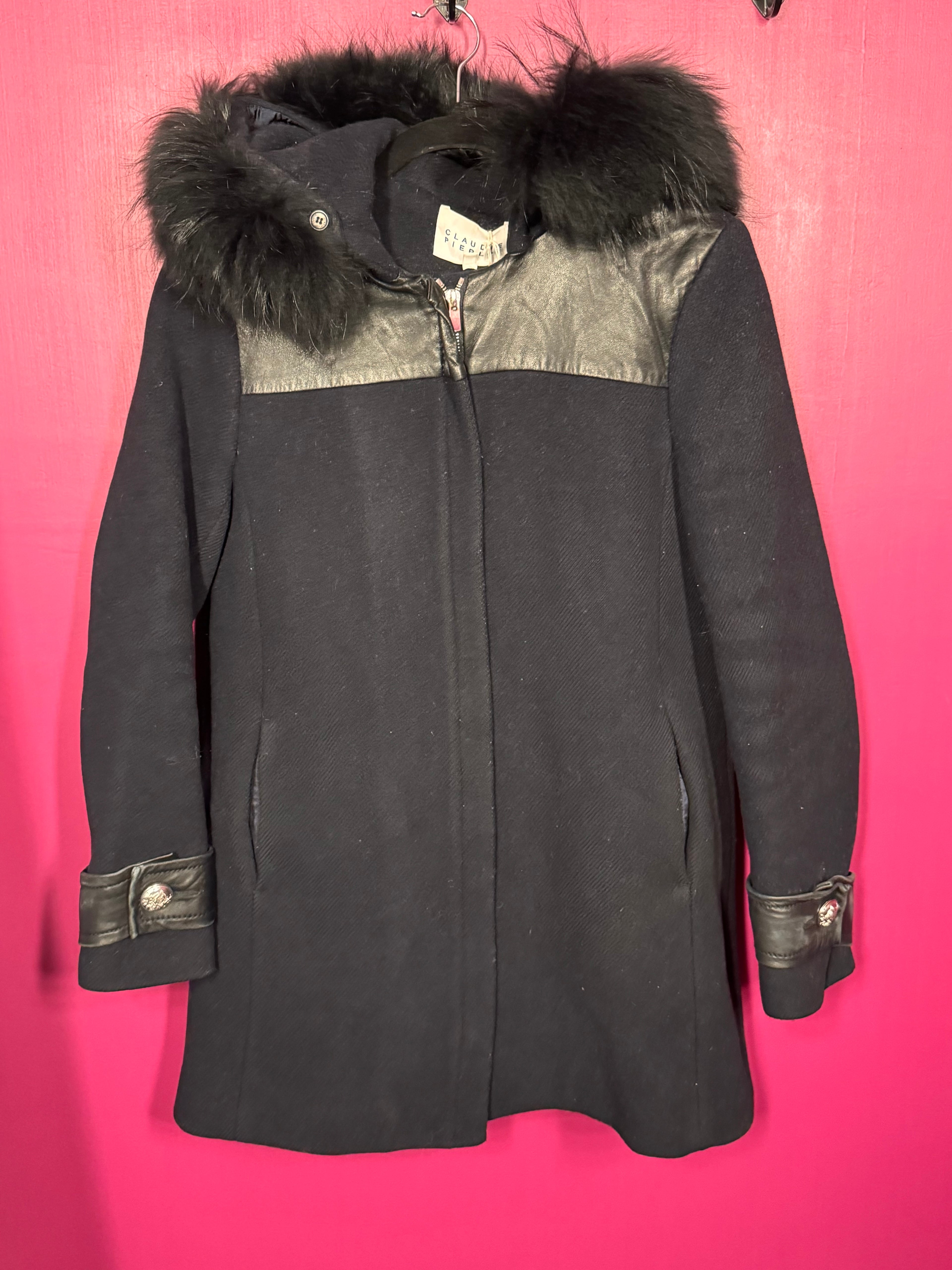 Manteau marine laine fourrure et cuir