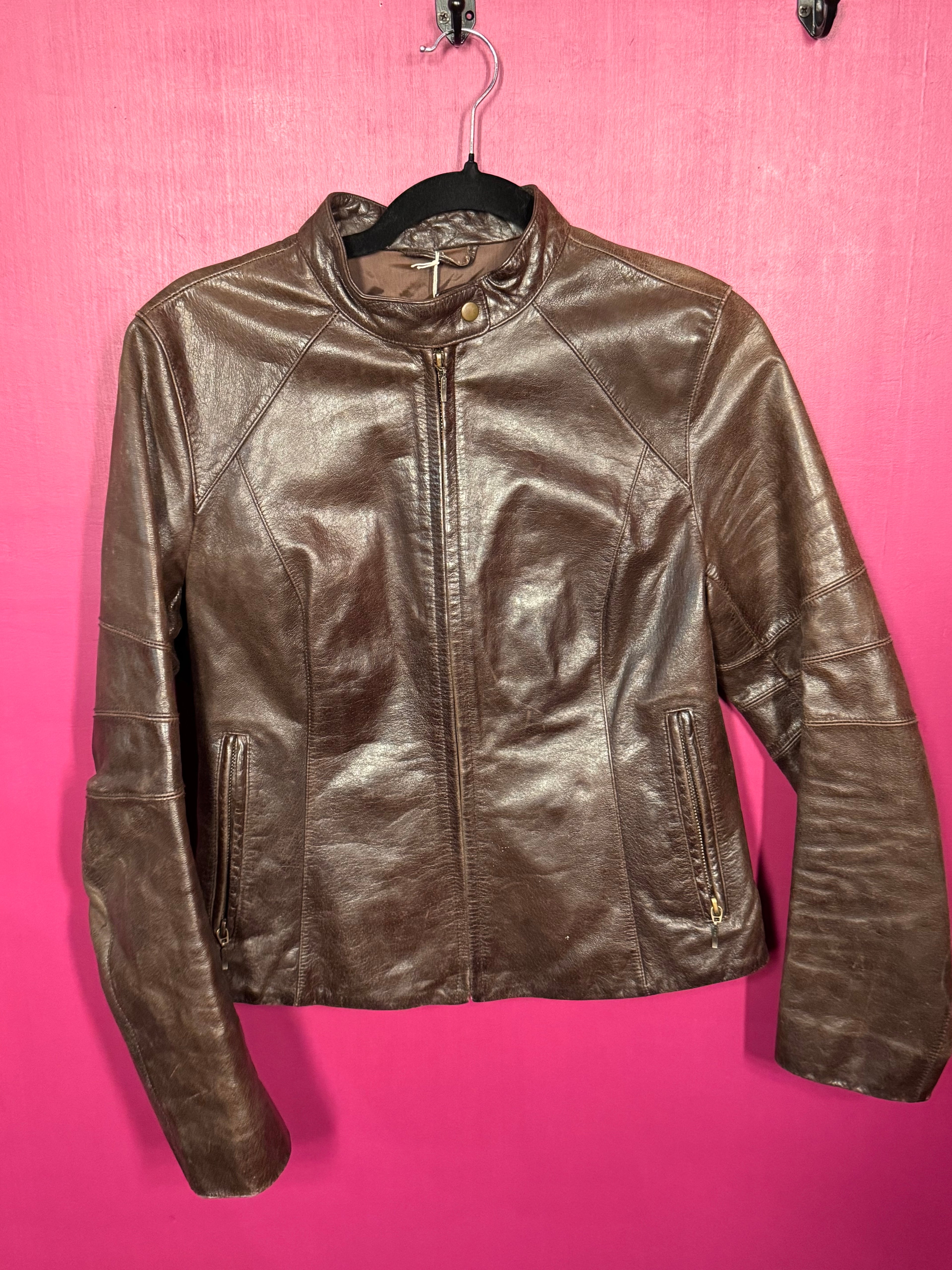 Veste en cuir biker marron