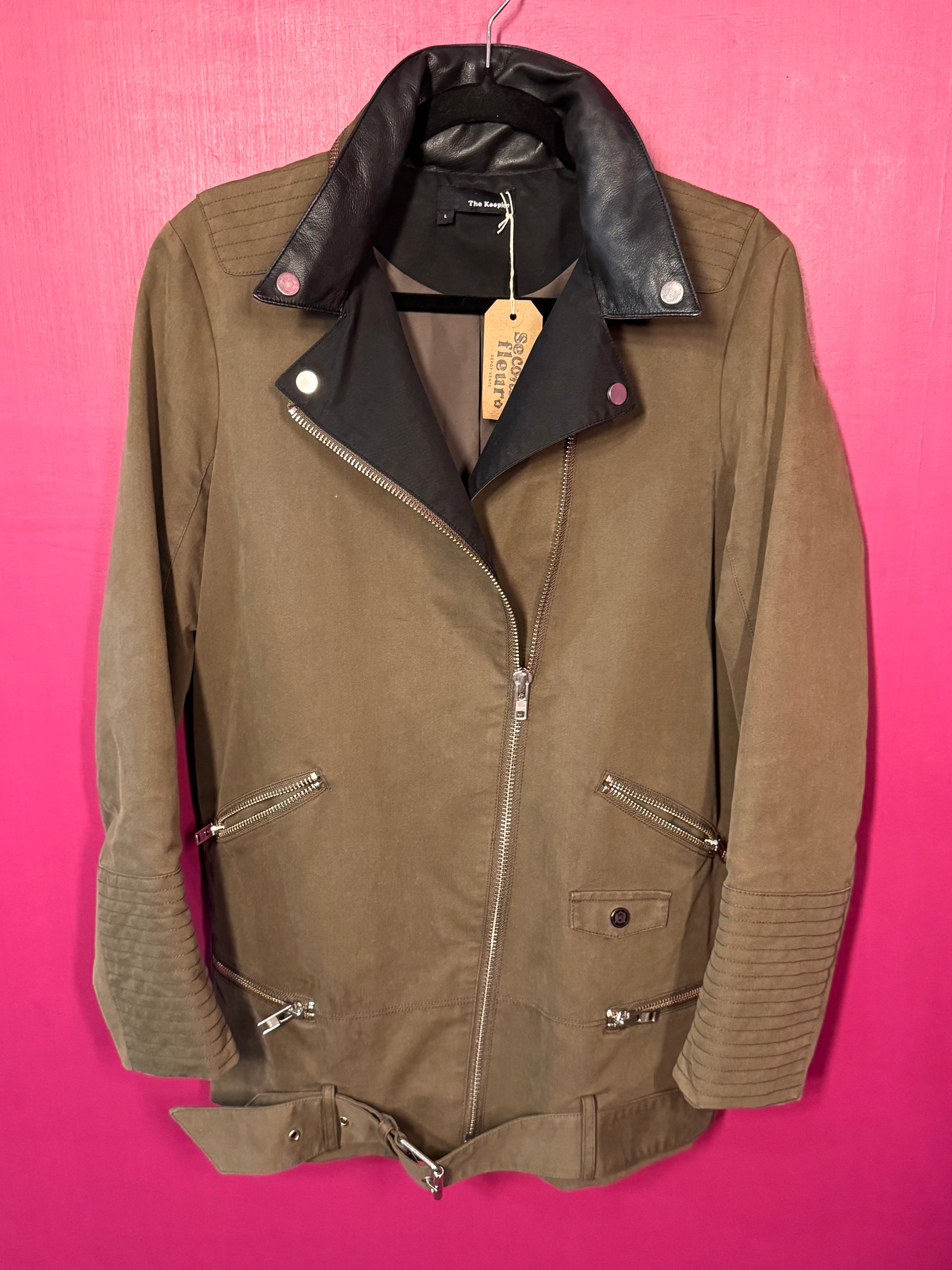 Manteau kaki col cuir noir