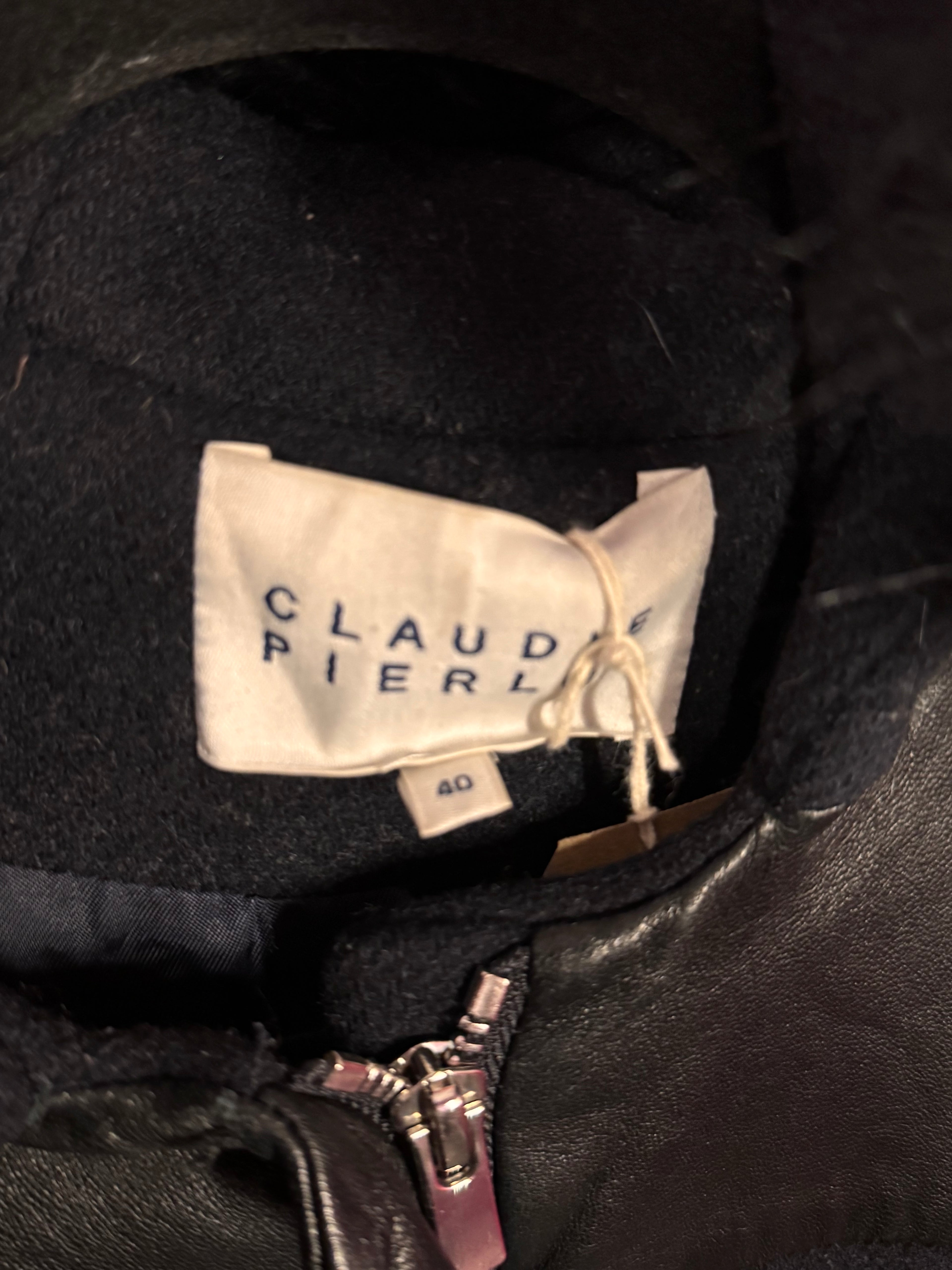 Manteau marine laine fourrure et cuir